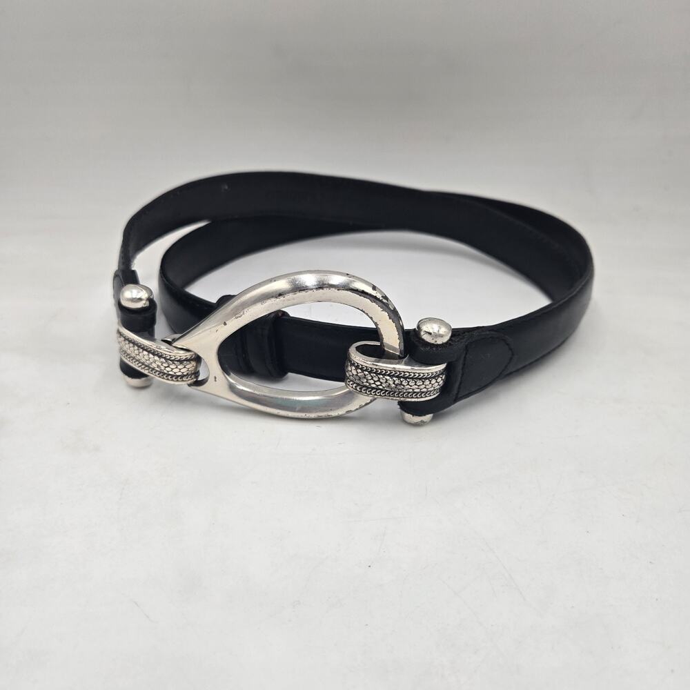 Chicos Vintage Statement Belt Adjustable XL Black Leather Silver Buckle Western